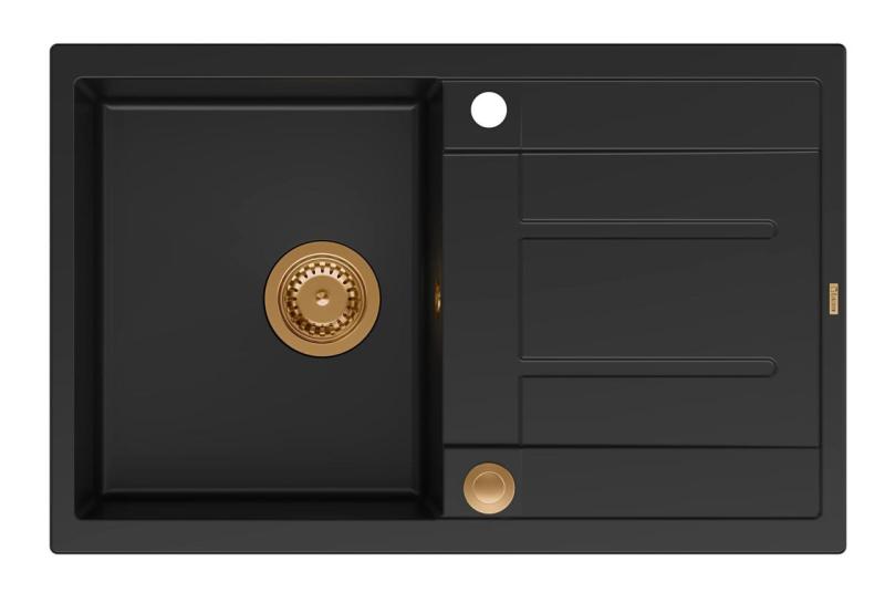 Quadri Sheffield Czarny Granitowy Zlew Nakładany 78x50cm z Ociekaczem i Miedzianym Korkiem - 1208967804