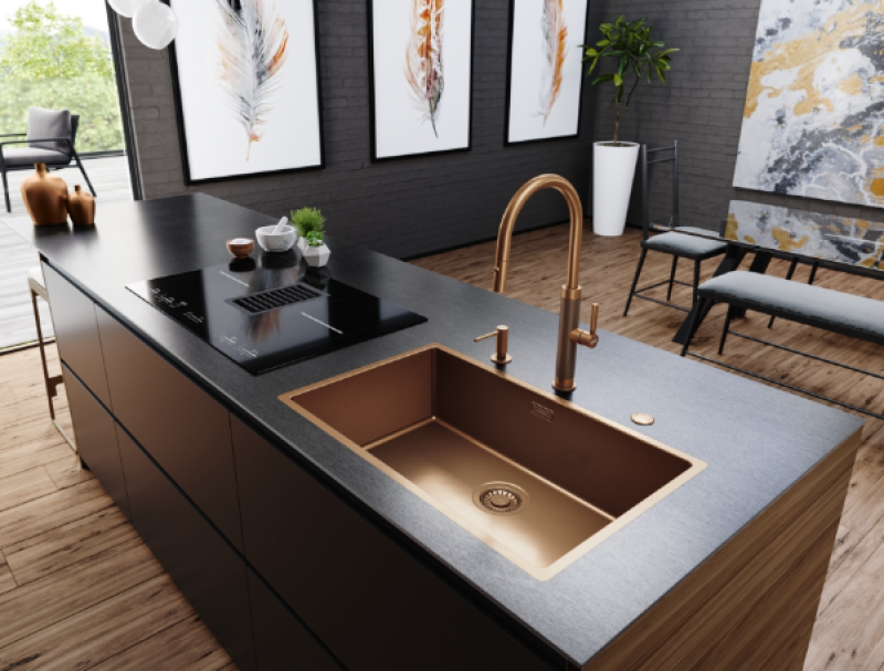 Franke Mythos Masterpiece Bateria kuchenna Miedziana z Wylewką w Kształcie Litery J i Wyciąganą Głowicą Natryskową - 115.0711.557