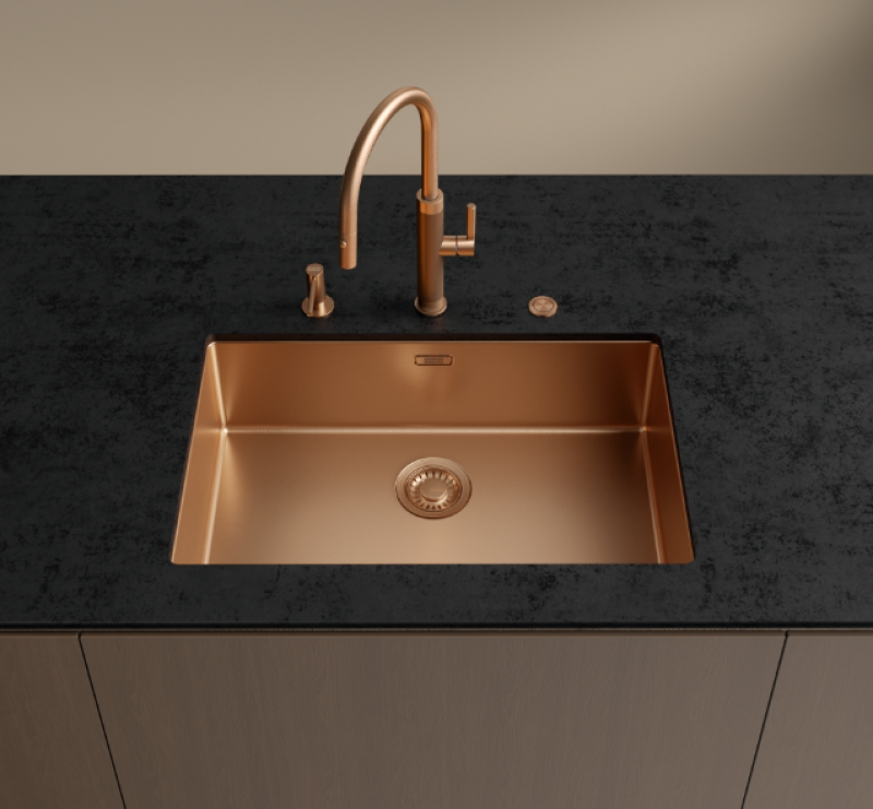 Franke Mythos Masterpiece Bateria kuchenna Miedziana z Wylewką w Kształcie Litery J i Wyciąganą Głowicą Natryskową - 115.0711.557