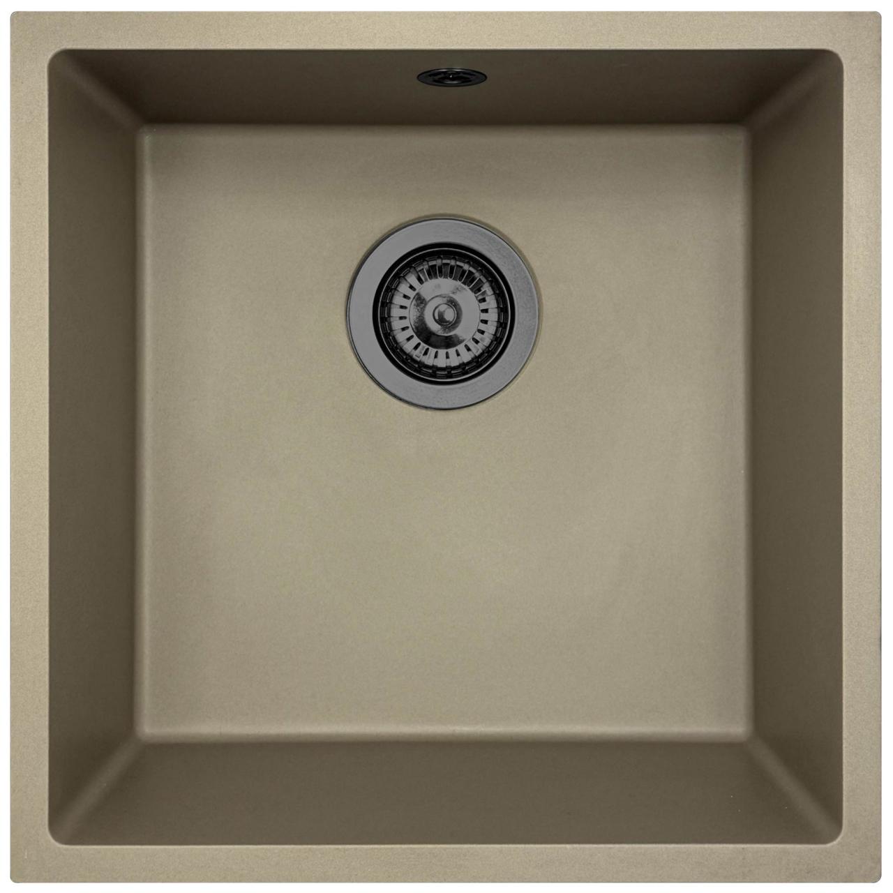GraniteMy Universal Taupe Zlewozmywak granitowy 40x40 cm montaż na blacie, pod blatem i na równi z blatem z korkiem w kolorze gun metal - 1208967913