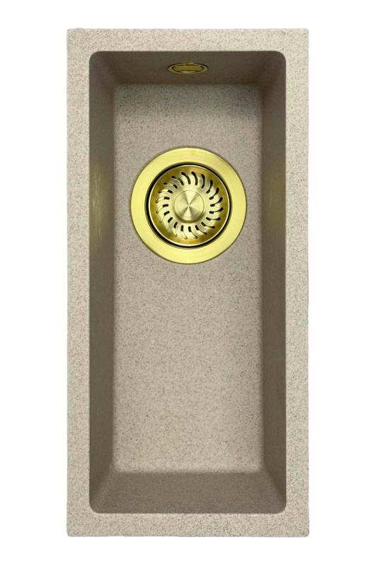 GraniteMy Universal granitowy beżowy piaskowy mały zlew 17x40 cm montaż nablatowy, podwieszany i wpuszczany z złotym korkiem 1208968003