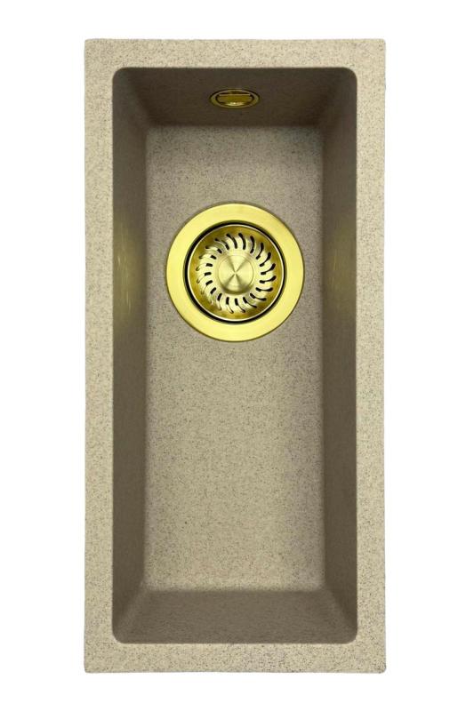 GraniteMy Universal granitowy beżowy piaskowy mały zlew 17x40 cm montaż nablatowy, podwieszany i wpuszczany z złotym korkiem 1208968003