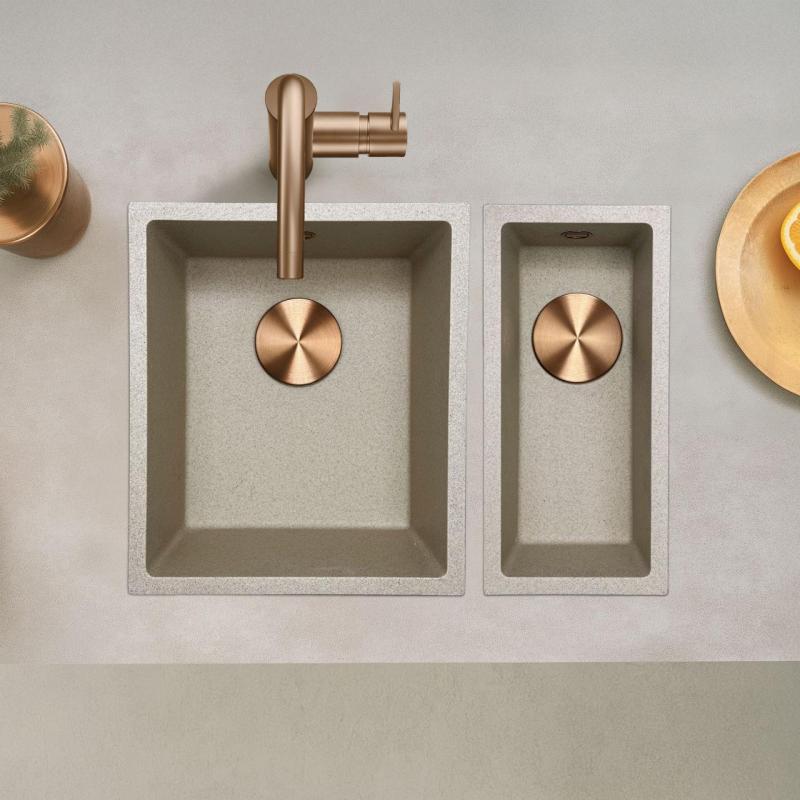 GraniteMy Universal granitowy beżowy piasek mała umywalka 17x40 cm montaż natynkowy, podblatowy i wpuszczany z miedzianą zatyczką 1208968004