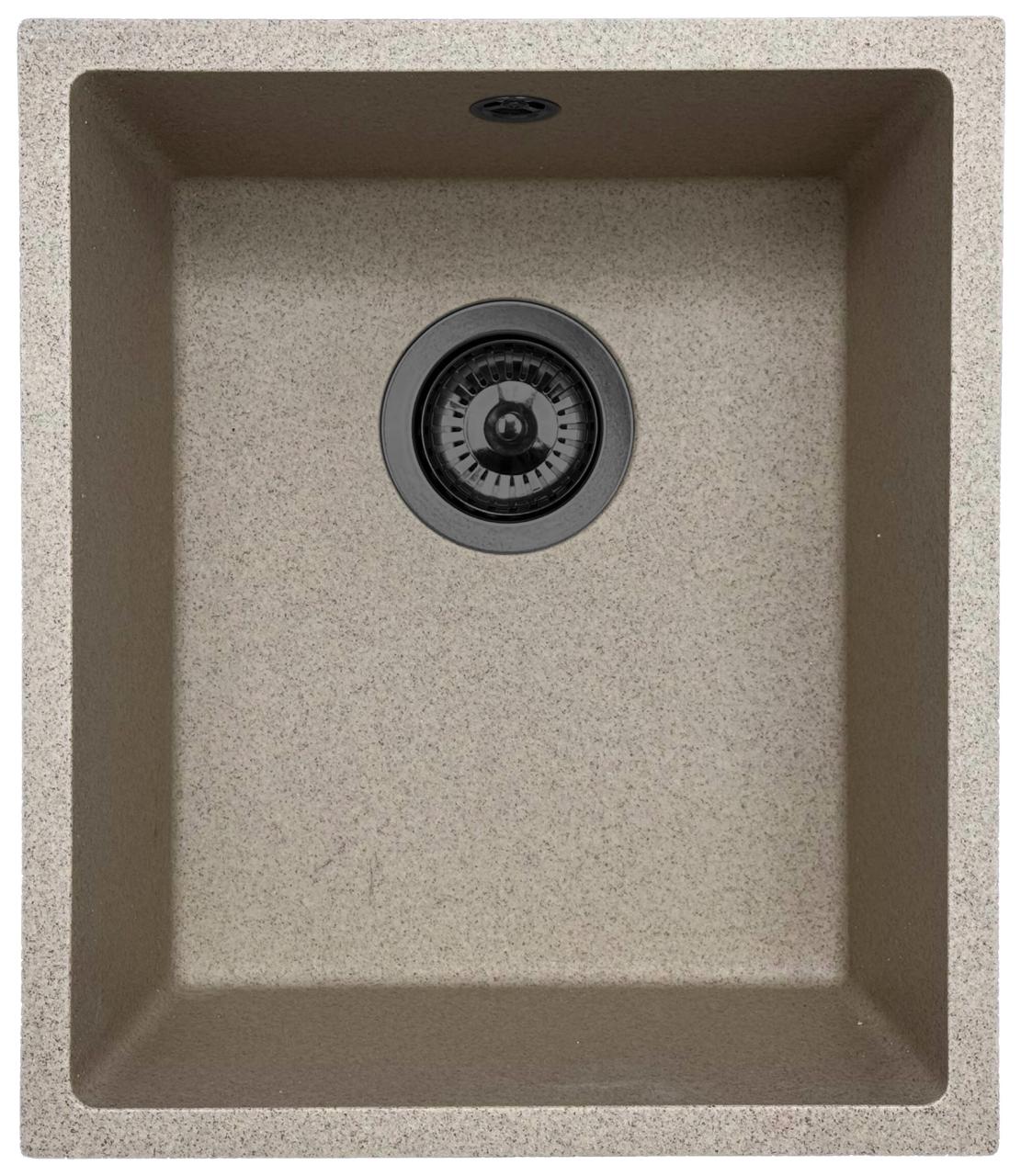 GraniteMy Universal granitowy beżowy zlewozmywak piaskowy 34x40 cm do montażu na blacie, pod blatem i na równi z blatem z korkiem gun metal 1208968011 - Productafbeelding