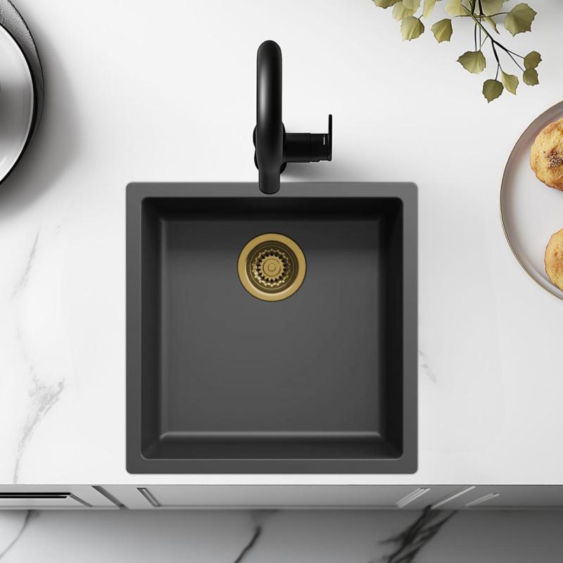 Czarny zlew 40x40cm do zabudowy podblatowej, wpuszczany i nakładany z złotym korkiem 1208968034