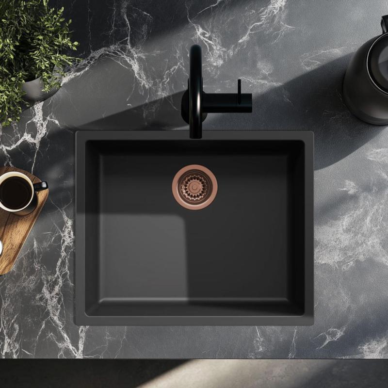 Czarny zlew 50x40 cm podwieszany/nablatowy/płasko montowany z miedzianym korkiem 1208968036