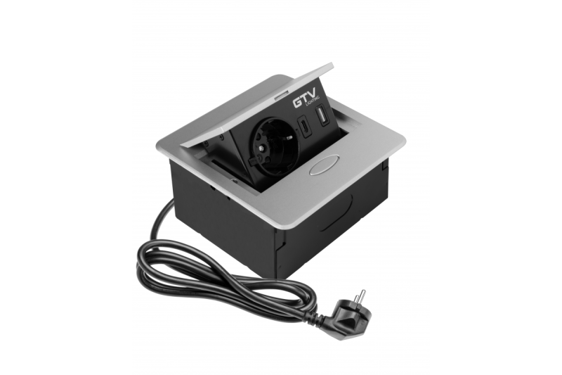 AVARO Wpuszczane Gniazdo Meblowe, 1x Gniazdo Schuko, USB A+C, Kabel 1,5m, Srebrny