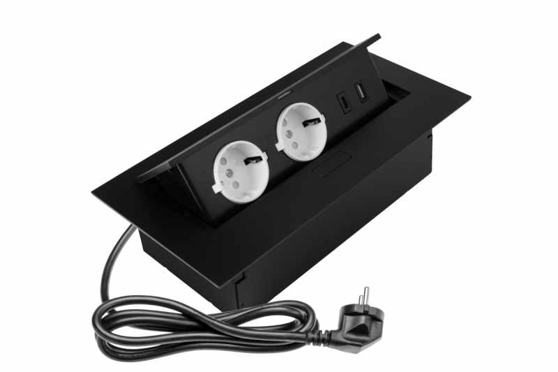Gniazdo meblowe 2x gniazdo schuko, USB A+C, bez kabla, czarne