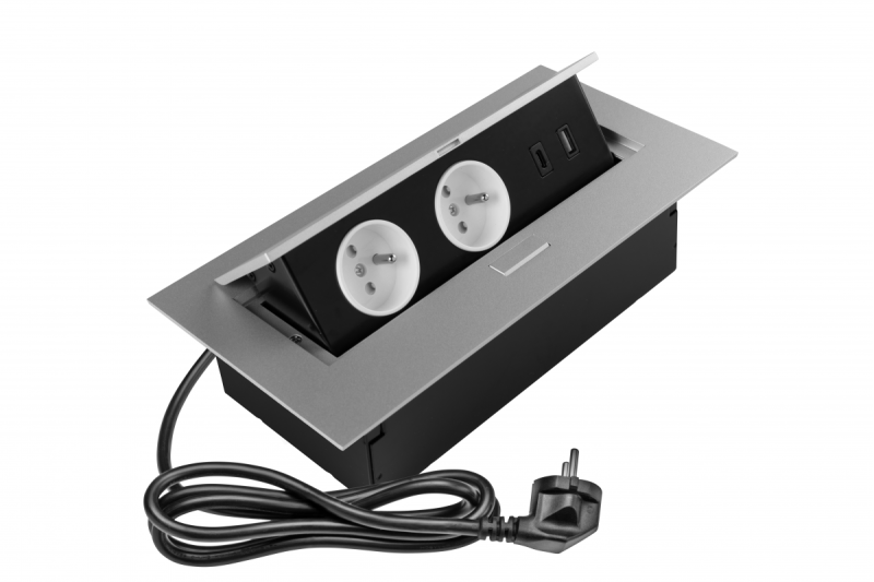 Gniazdo meblowe 2x gniazdo z uziemieniem, USB A+C, kabel zasilający z wtyczką, alu