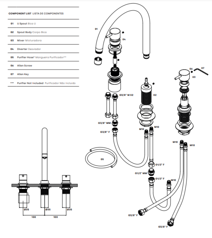 Waterevolution Flow 3-otworowa bateria kuchenna z obrotową wylewką i przyłączem do filtrowanej wody gun metal T152UGME