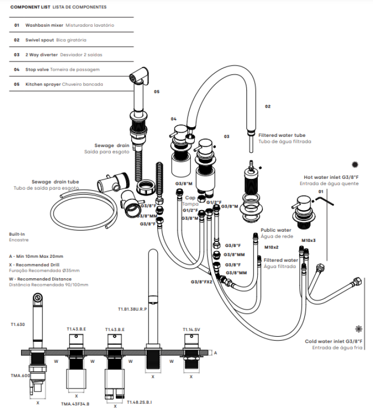 Waterevolution Flow 5-otworowa bateria kuchenna z wyciąganą wylewką i przyłączem do filtrowanej wody chrom T154U01