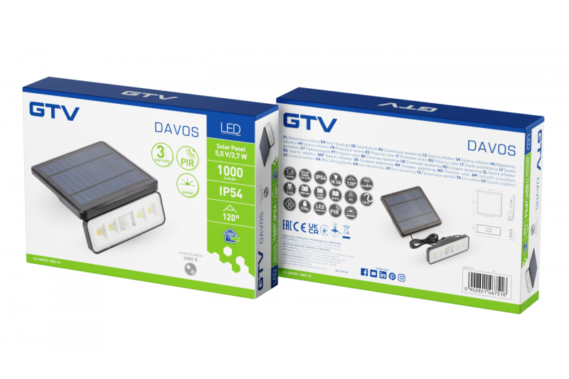 Oświetlenie słoneczne z czujnikiem ruchu i zmierzchu DAVOS, LED, 1000lm, 4000K, 2000mAh, IP54, czarne