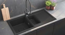GraniteMy Zafiri Czarny Granitowy Zlewozmywak Nablatowy 1,5 Komory 100x50 cm z Ociekaczem, Odwracalny, z Czarną Kwadratową Pokrywą Odpływu 1208969998.