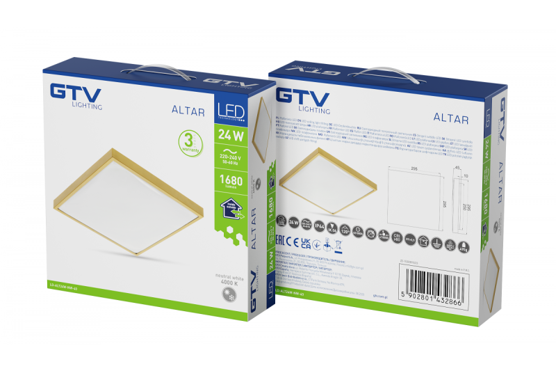 ALTAR LED Lampa sufitowa, 295x295mm, 4000K, 24W, 1680lm, AC180-250V, 50/60 Hz, PF>0.5, IP44, Złoty kolor, 3 lata gwarancji.