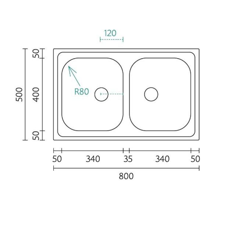 Centurio 20 RVS Dubbele Spoelbak Opbouw 80x50cm 1208970026 Bank