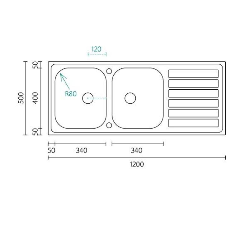 Bank Centurio 120 RVS dubbele spoelbak opbouw 120x50cm met afdruipgedeelte 1208970029