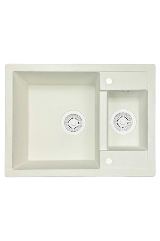 Granitowy zlewozmywak nablatowy GraniteMy Smart extra płytki 1,5 komorowy w kolorze białym 58x44 cm z białym korkiem i pokrywą 1208970052.