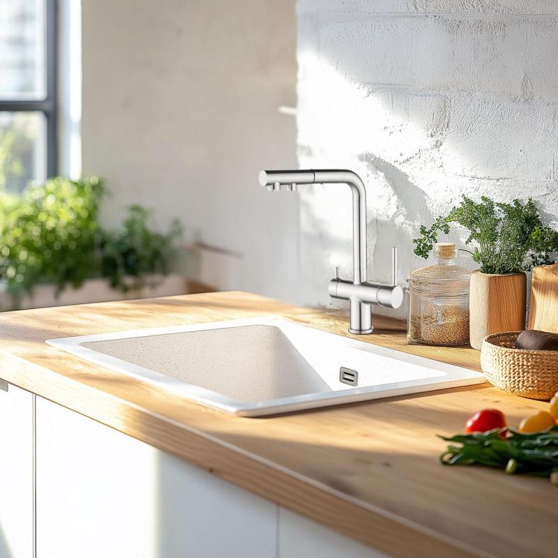 Ausmann Ellington 3-drożny kran kuchenny z wyciąganą wylewką i filtrowaną wodą - stal nierdzewna - 1208970082