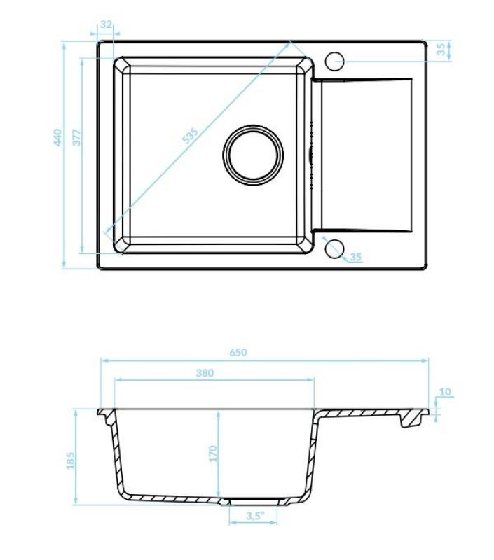 Aquadesign Kensley Zlewozmywak Nablatowy z Granitu Antracytowy z Małym Ociekaczem 65 x 44 cm 1208970085