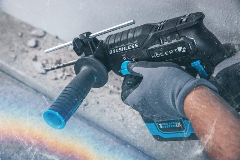HÖGERT akumulatorowa wiertarko-wkrętarka udarowa, bezszczotkowa, 18V, z funkcją dłutowania.