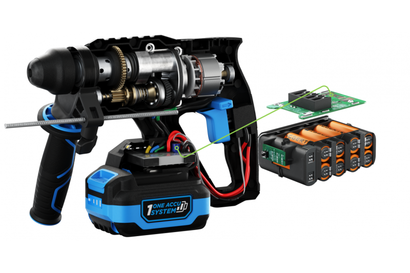 HÖGERT akumulatorowa wiertarko-wkrętarka udarowa, bezszczotkowa, 18V, z funkcją dłutowania.