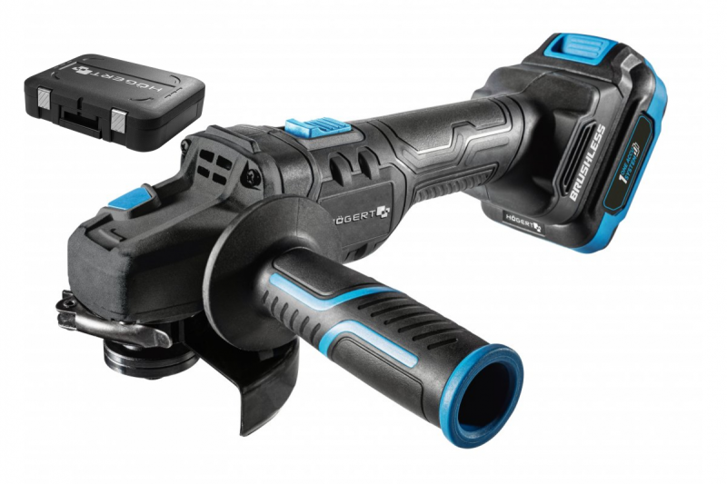 HÖGERT Bezprzewodowa szlifierka kątowa z włącznikiem łopatkowym, 125MM, 18V, zestaw z akumulatorem, ładowarką, akcesoriami.