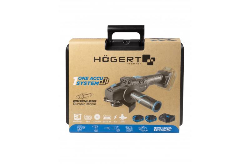 HÖGERT Bezprzewodowa szlifierka kątowa z włącznikiem łopatkowym, 125MM, 18V, zestaw z akumulatorem, ładowarką, akcesoriami.