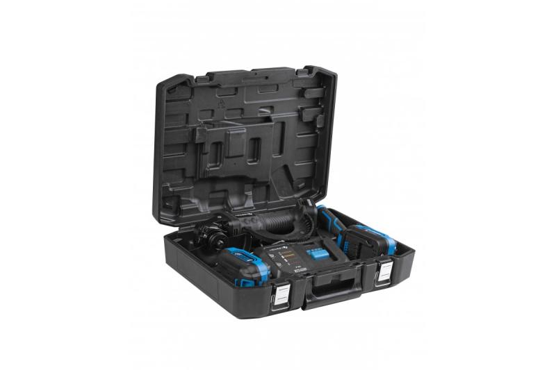 HÖGERT Bezprzewodowa szlifierka kątowa z włącznikiem łopatkowym, 125MM, 18V, zestaw z akumulatorem, ładowarką, akcesoriami.