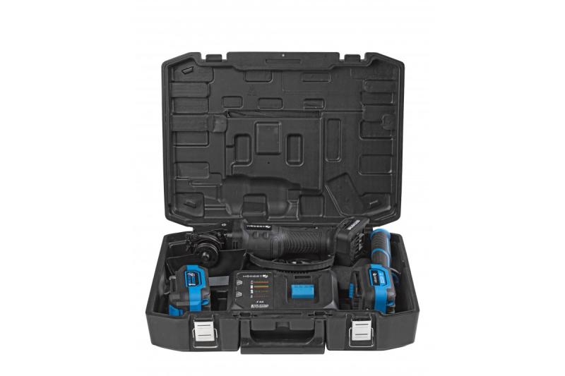 HÖGERT Bezprzewodowa szlifierka kątowa z włącznikiem łopatkowym, 125MM, 18V, zestaw z akumulatorem, ładowarką, akcesoriami.