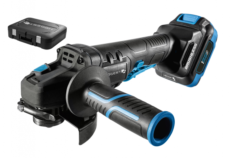 HÖGERT Bezprzewodowa szlifierka kątowa z włącznikiem łopatkowym, 125MM, 18V - Zestaw (bateria, ładowarka, akcesoria)