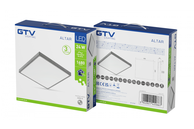ALTAR LED Lampa sufitowa, 295x295mm, 4000K, 24W, 1680lm, AC180-250V, 50/60 Hz, PF>0.5, IP54, szary, 3 lata gwarancji