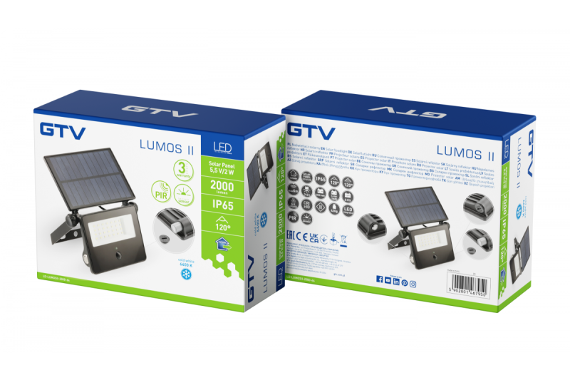 Reflektor słoneczny LUMOS II, LED, 2000lm, 6400K, 2600mAh wymienny, IP65, czarny