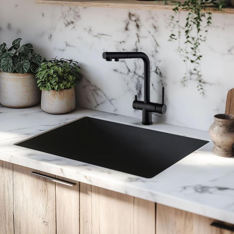 Ausmann Ellington 3-drogowa bateria kuchenna z wyciąganą wylewką i filtrowaną wodą – Czarna - 1208970497