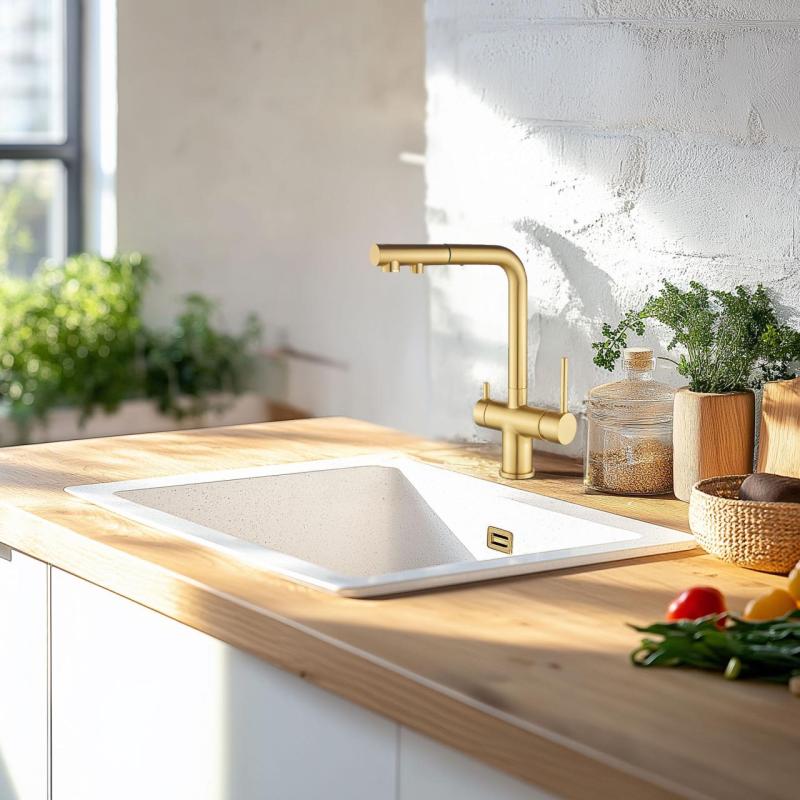 Ausmann Ellington 3-drożna bateria kuchenna z wyciąganą wylewką i filtrowaną wodą – Złota – 1208970498