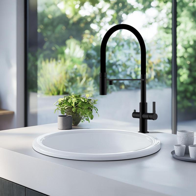 Ausmann Claridge 3-drogowa bateria kuchenna z elastyczną wylewką i filtrowaną wodą – Antracyt – 1208970500