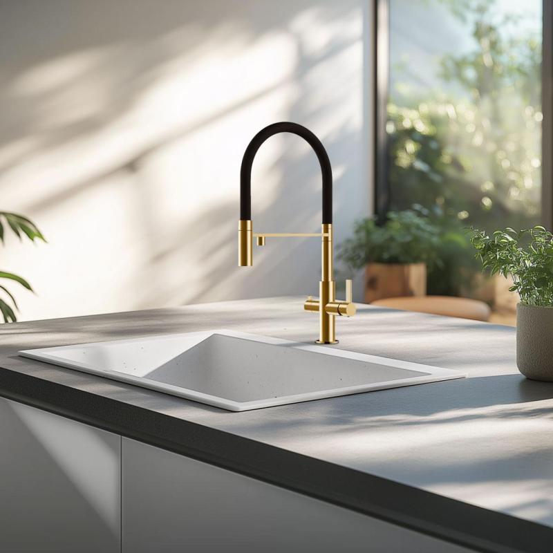 Ausmann Claridge 3-Drożna Bateria Kuchenna z Elastyczną Wylewką i Filtrowaną Wodą – Złota - 1208970504