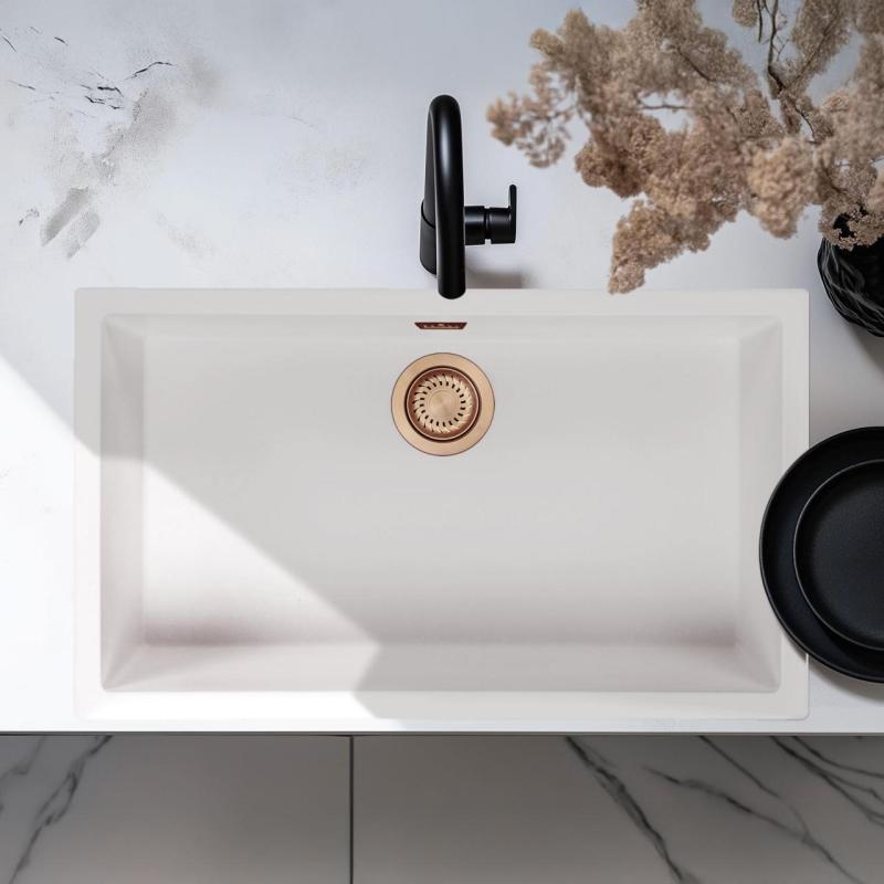 Biały Duży Zlew 70x40 cm Podwieszany, Nablatowy i Wpuszczany z Miedzianym Korkiem 1208970523