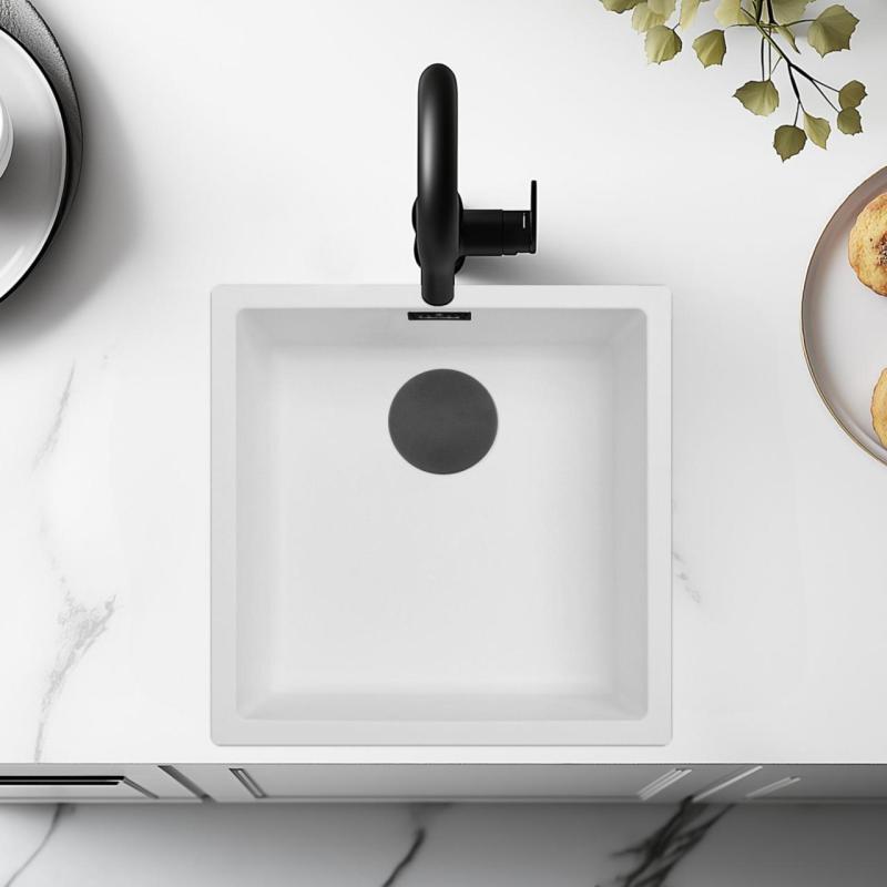Biała Zlewka 40x40 cm Podbudowa, Nadbudowa i Montaż Równy z Matową Czarną Wtyczką 1208970535