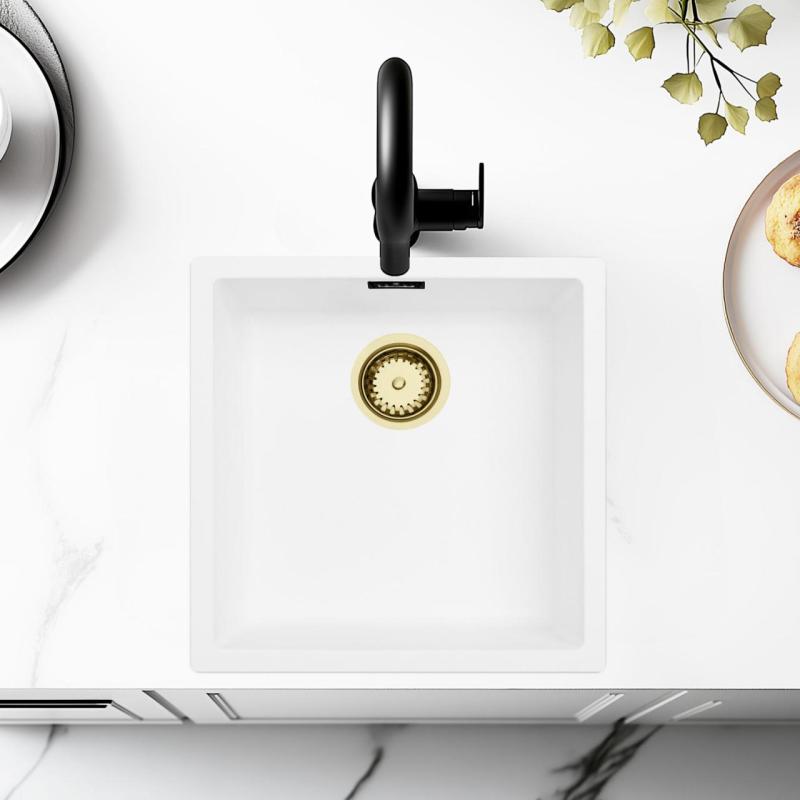 Biały Zlewozmywak 40x40 cm Podwieszany, Nablatowy i Zintegrowany ze Złotym Korkiem 1208970537