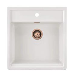 Ausmann Ceramic Panor Shade Ceramiczny Biały Zlewozmywak Butler - Podwieszany i Wbudowany 630 x 597 mm z półką na baterię i Miedzianym korkiem 1208970559