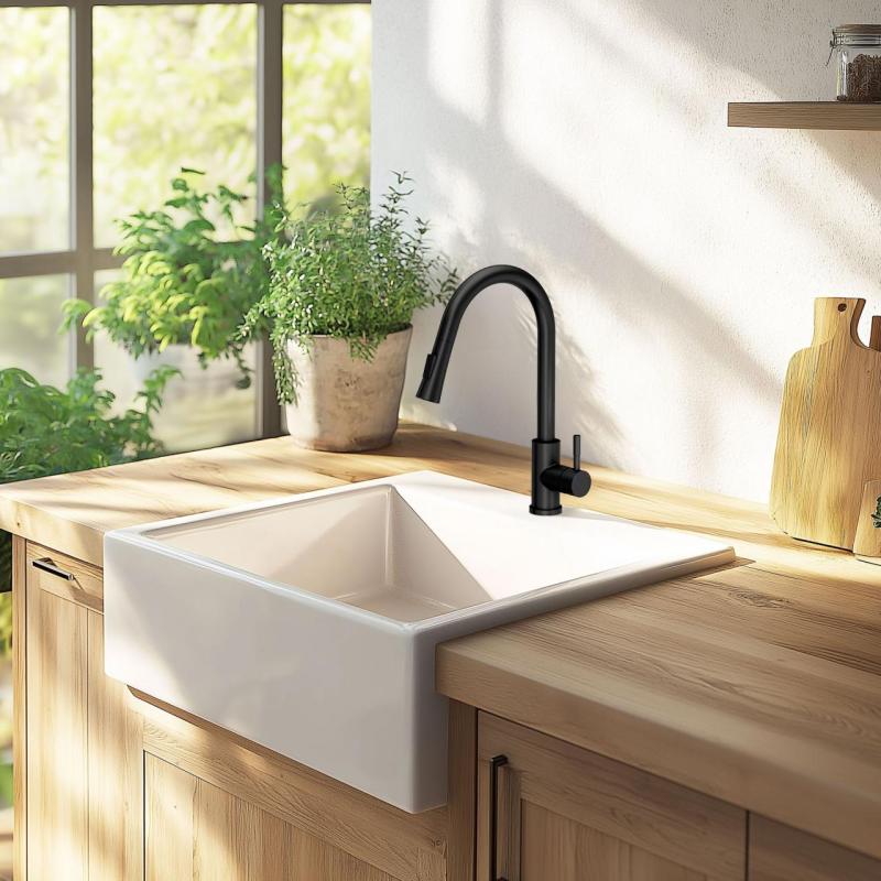 Ausmann Ceramic Panor Shade Ceramiczny Biały Zlew Butler - Podwieszany i Półmontowany 630 x 597 mm z półką na baterię i stalowym korkiem 1208970560