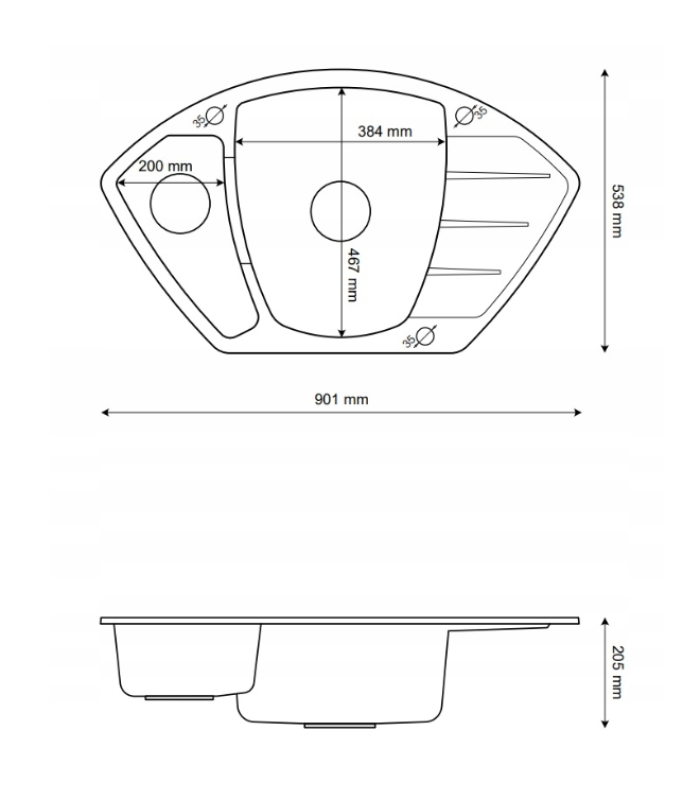 Graniteland Monte Granit czarny wapień kamień Hoekspoelbak montaż na blacie 901x538mm z stalowym korkiem 1208970601.