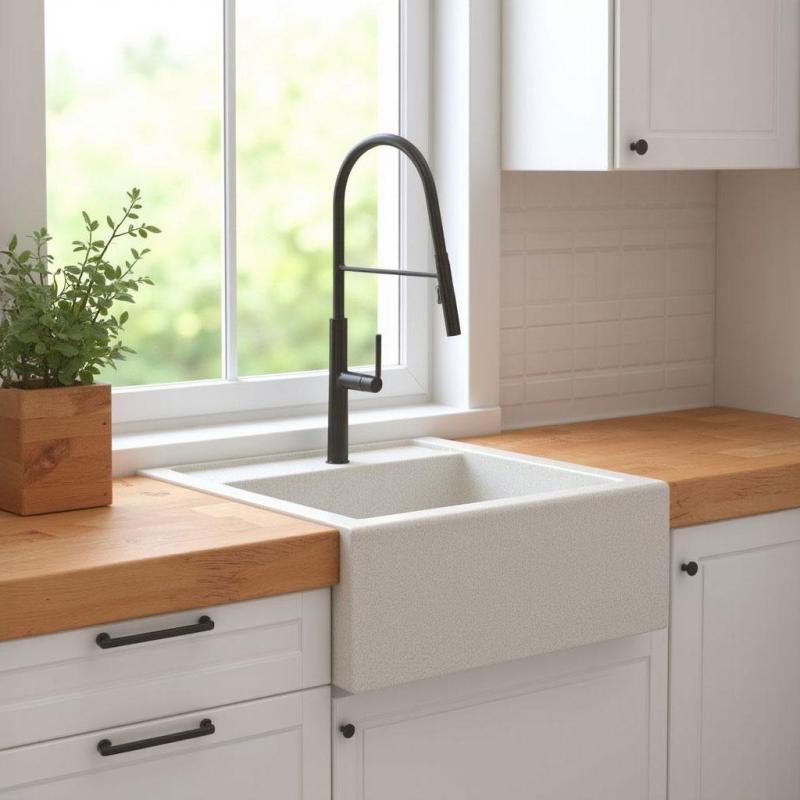 Graniteland Arno Granitowy Biały Zlew nakładany 582x620mm z kwadratowym korkiem ze stali nierdzewnej 1208970604.