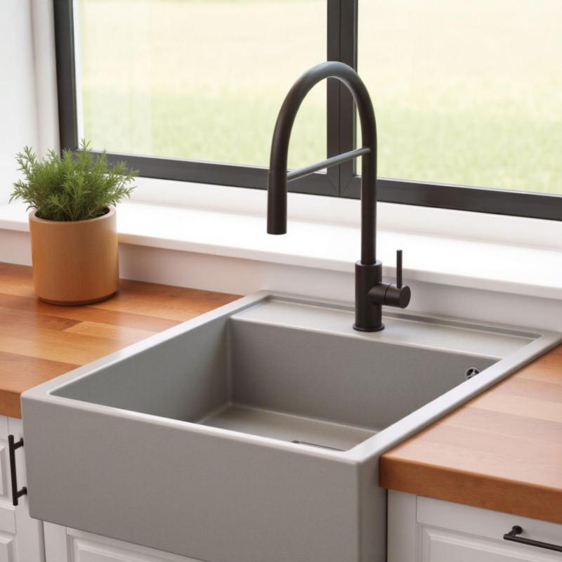 Graniteland Arno Granitowy Szary Zlew do Zabudowy 582x620mm z Kwadratowym Korkiem ze Stali Nierdzewnej 1208970605