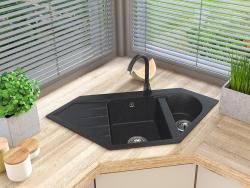 Graniteland Amiata granit czarny Arduin wygląd kamienia węglowego Zlewozmywak narożny nablatowy 965x496mm z korkiem ze stali nierdzewnej 1208970620