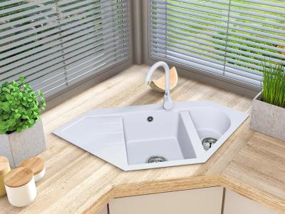 Graniteland Amiata Granitowy biały narożny zlew nablatowy 965 x 496 mm z korkiem ze stali nierdzewnej 1208970622