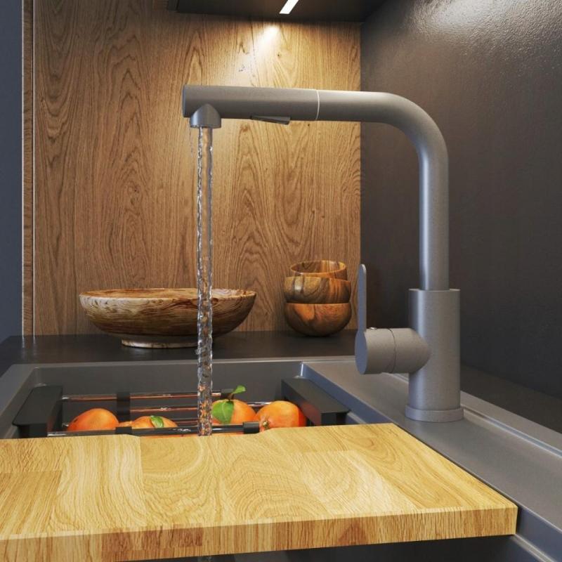 Graniteland Celeste Baterie Kuchenna Szara z Wyciąganą Wylewką i Ręcznym Prysznicem z Podwójną Funkcją 1208970663