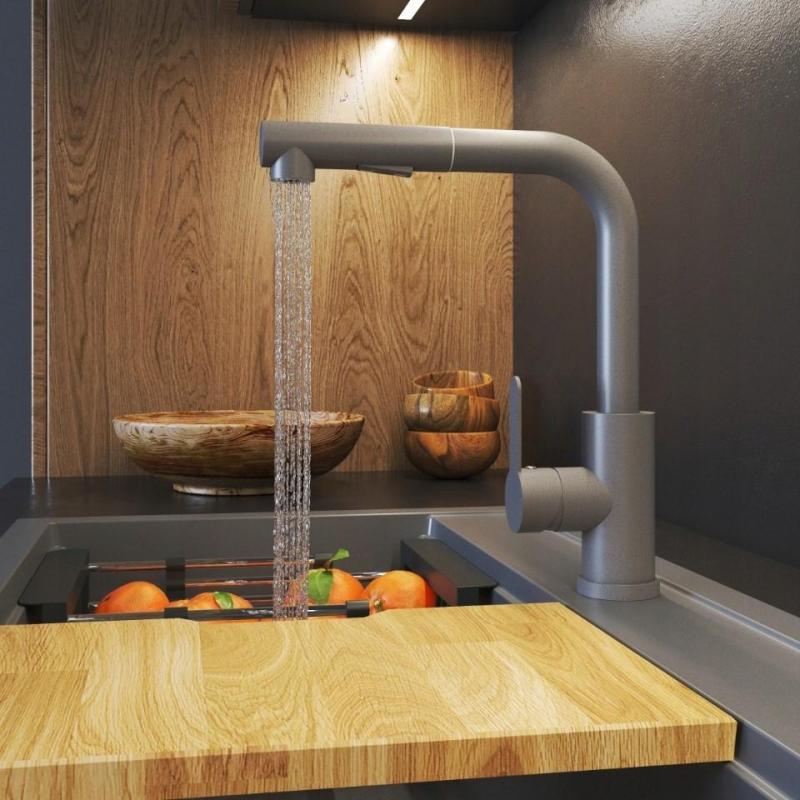 Graniteland Celeste Baterie Kuchenna Szara z Wyciąganą Wylewką i Ręcznym Prysznicem z Podwójną Funkcją 1208970663