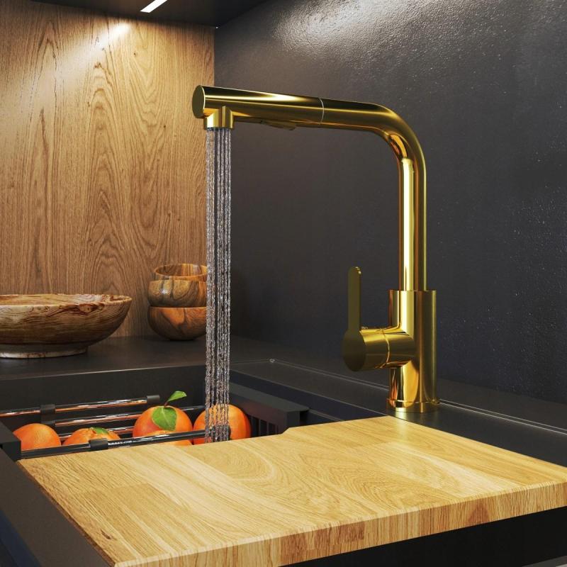 Graniteland Celeste Bateria Kuchenna Złota z Wyciąganą Wylewką i Podwójną Funkcją Prysznica Ręcznego 1208970664