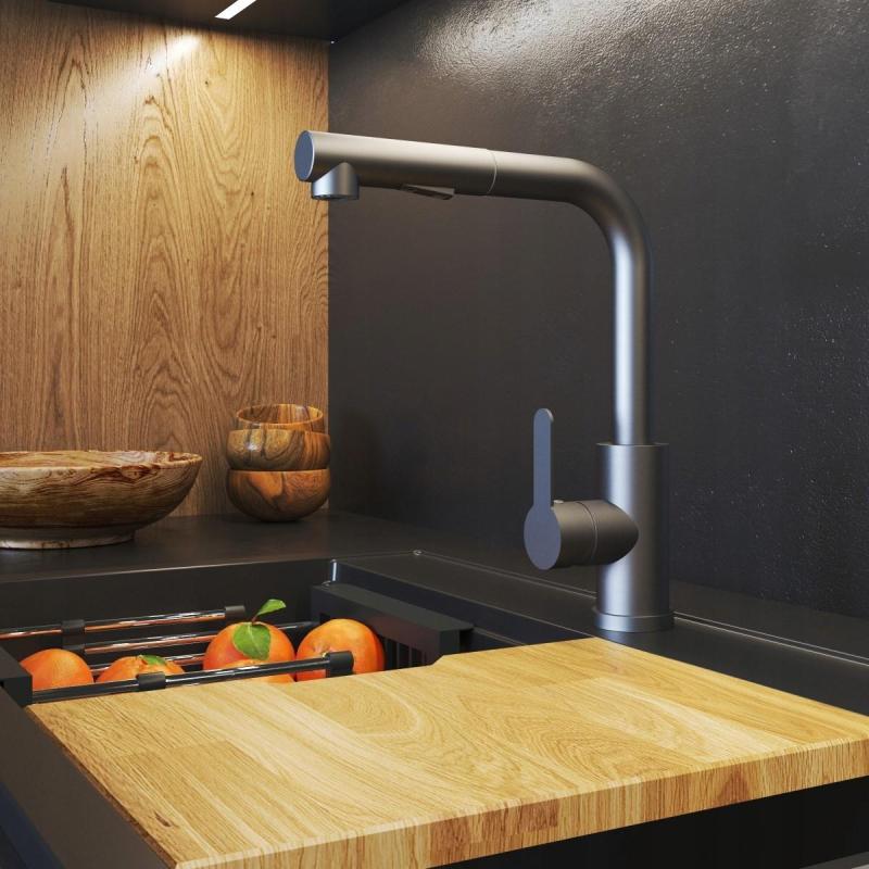 Graniteland Celeste Batería kuchenna Gun Metal z wyciąganą wylewką i podwójną funkcją słuchawki prysznicowej 1208970666